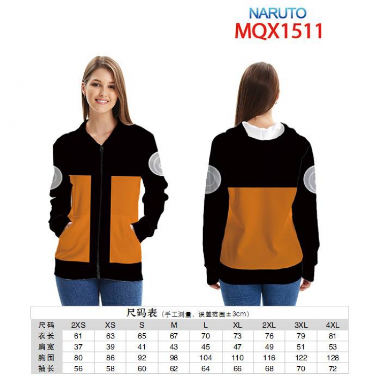 Naruto Full color zipper hooded Patch pocket Coat Hoodie 9 sizes from XXS to 4XL MQX 1511