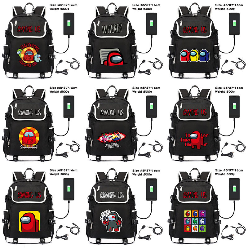12 Styles Among Us Game Pattern USB Charging Canvas Backpack School Bag