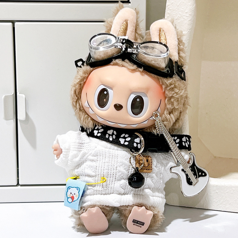 Labubu anime 17cm doll change clothes(Sweater+goggles+collar+guitar)
